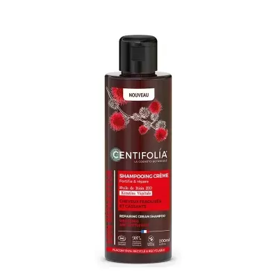 Frasco castanho de shampoo creme Centifolia com tampa preta e rótulo vermelho e branco