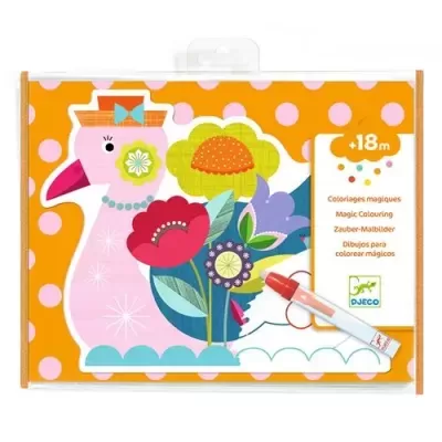 Produto para colorir com tema de aves e flores, em fundo laranja com bolinhas cor de rosa.