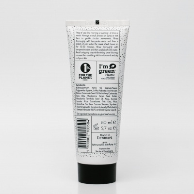 Frasco plástico branco com tampa preta e texto preto, capacidade 80 ml, feito na Dinamarca