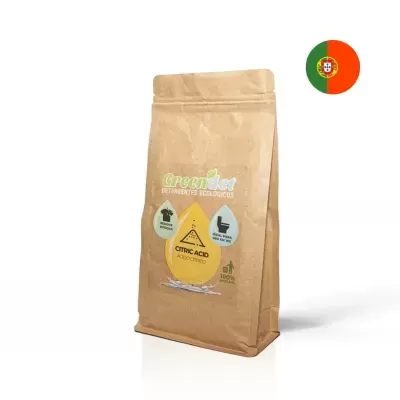 Saco de papel castanho com ácido cítrico em pó e etiquetas informativas