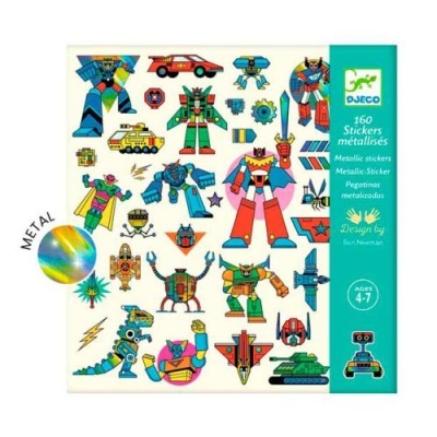 Caixa de autocolantes metálicos com robôs e veículos coloridos