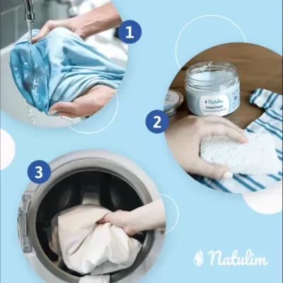 Instruções para uso de detergente NATULIM em três passos com imagens de lavagem e máquina
