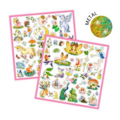 Autocolantes com desenhos de fadas, animais e natureza em moldura rosa, selo METAL brilho