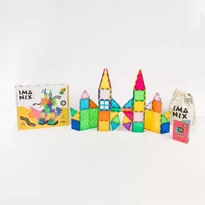 Jogo de construção IMANIX com peças magnéticas coloridas e embalagem branca e amarela