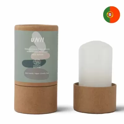 Desodorizante sólido natural em embalagem ecológica de cartão castanho com rótulo verde e texto branco