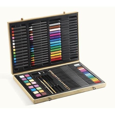 Estojo de material de arte com lápis de cor, grafite, pastel, pincéis e aguarelas