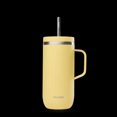 Caneca térmica amarela com tampa e palhinha