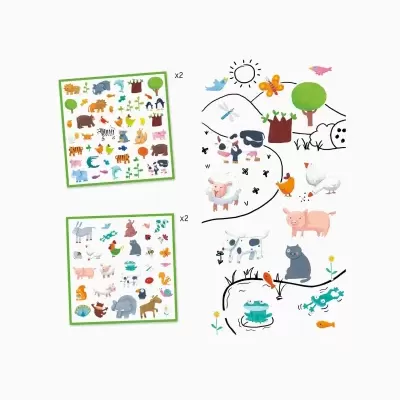 Autocolantes de animais de quinta e natureza com cenários desenhados em fundo branco