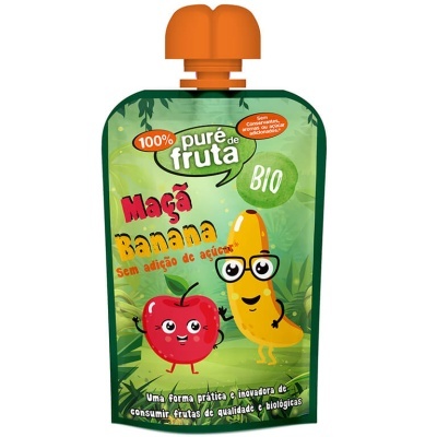 Embalagem verde de puré de fruta bio com tampa laranja e ilustrações de maçã e banana
