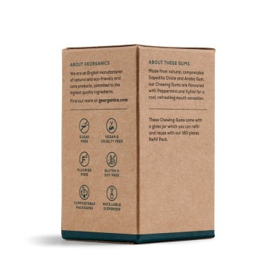 Embalagem castanha com texto e ícones pretos, fundo branco