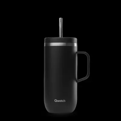 Copo térmico preto com pega lateral e palhinha metálica