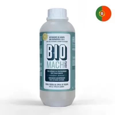 Frasco branco de detergente BioMacho com rótulo verde e branco