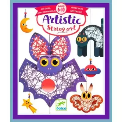 Kit artístico com figuras de fios coloridos em forma de morcego, gato e outros