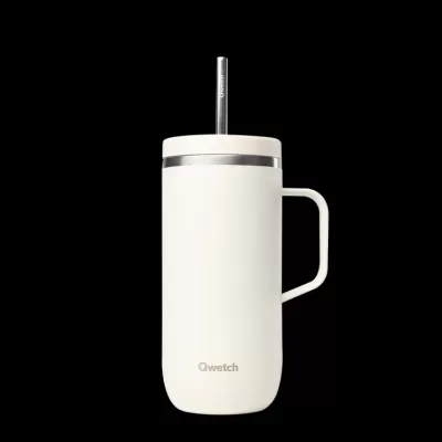 Copo térmico branco com pega e canudo metálico