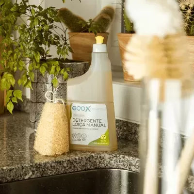 Detergente para louça ECOX numa bancada de cozinha com esponja e plantas