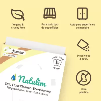 Embalagem de produto de limpeza Natulim com ícones e texto explicativo em fundo amarelo