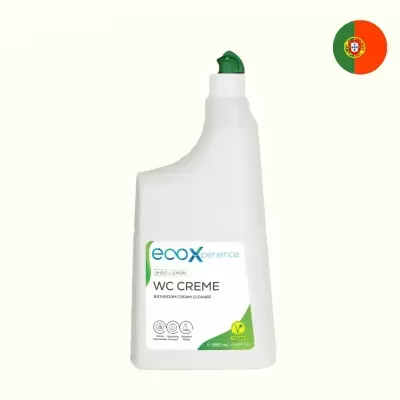 Frasco branco com tampa verde do WC CREME da Ecoxperience