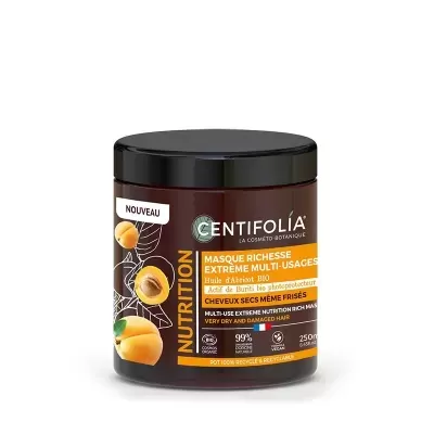 Frasco castanho com tampa preta de máscara capilar Centifolia Nutrição extrema multiusos