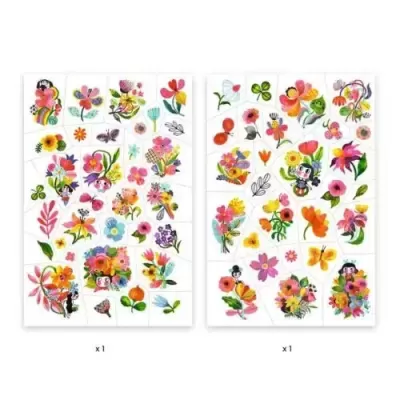 Dois conjuntos de autocolantes coloridos com flores e insectos sobre fundo branco