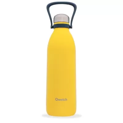 Garrafa térmica amarela com tampa e pega pretas da marca Qwetch