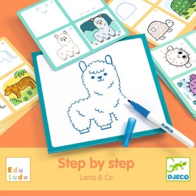 Jogo educativo com cartas e quadro branco para desenhar animais passo a passo.