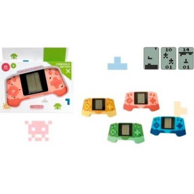 Consolas retro coloridas com ecrã e botões, caixa com texto CONSOLE RETRO X