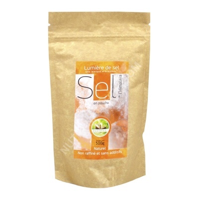 Embalagem castanha de sal em pó do Himalaia com rótulo laranja e branco