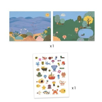 Dois quadros ilustrados com cenas da natureza e uma folha de autocolantes coloridos