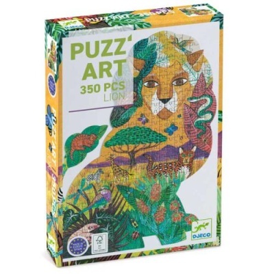Caixa de puzzle PUZZ'ART 350 peças com imagem de leão colorido e elementos naturais.