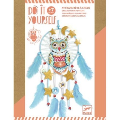 Kit faça você mesmo apanhador de sonhos com coruja, penas e estrelas