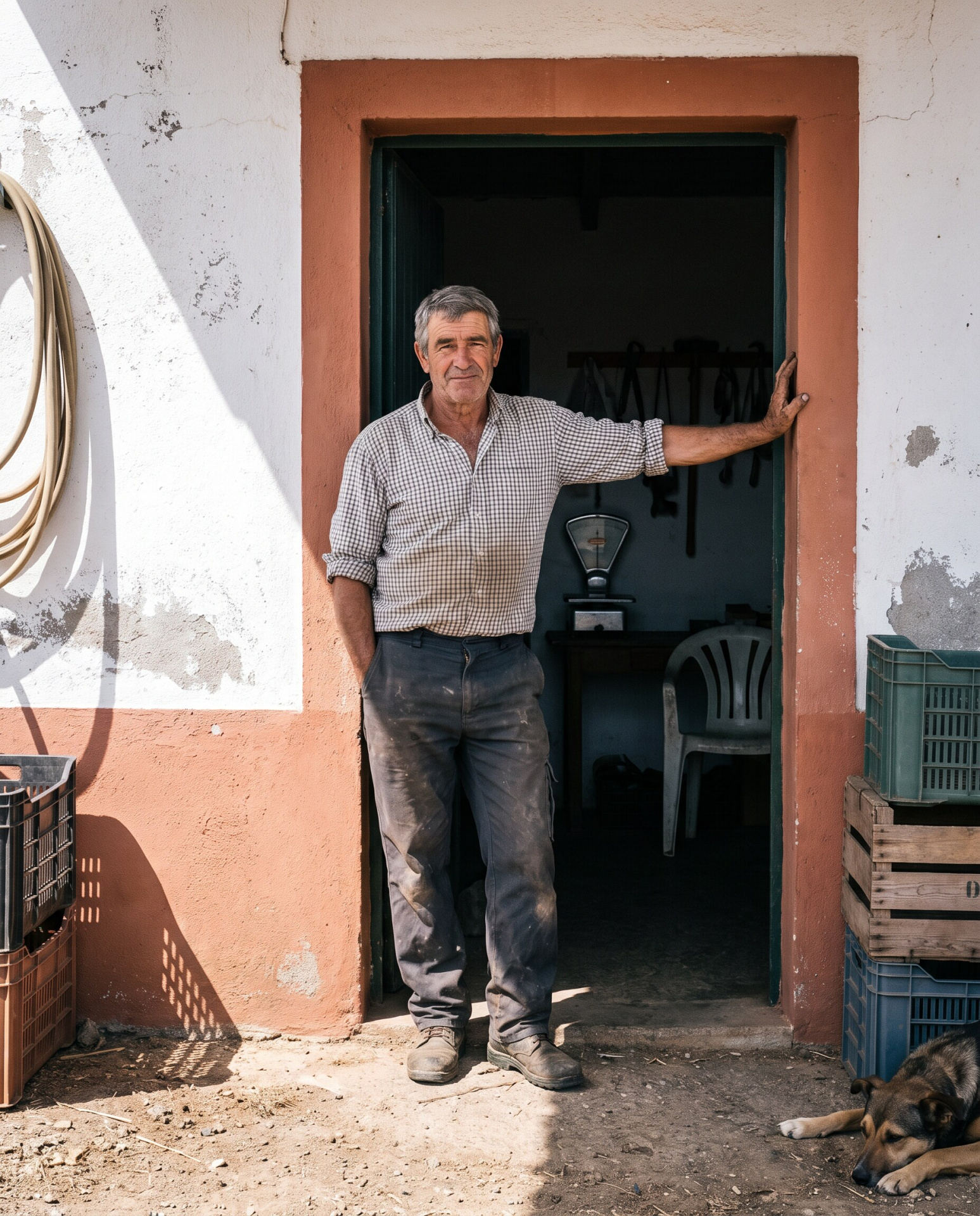 A producer leaning against an ochre wall in daylight, at ease, tools of the trade beside them.