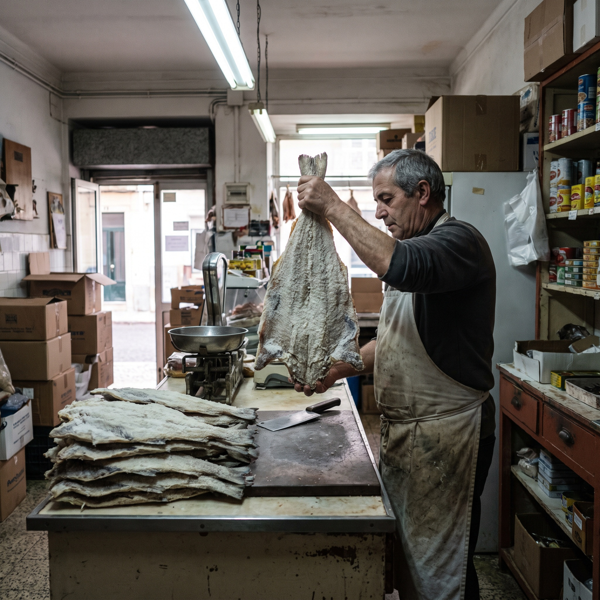 Man holding salted dried fish in a storage room with boxes and canned goods