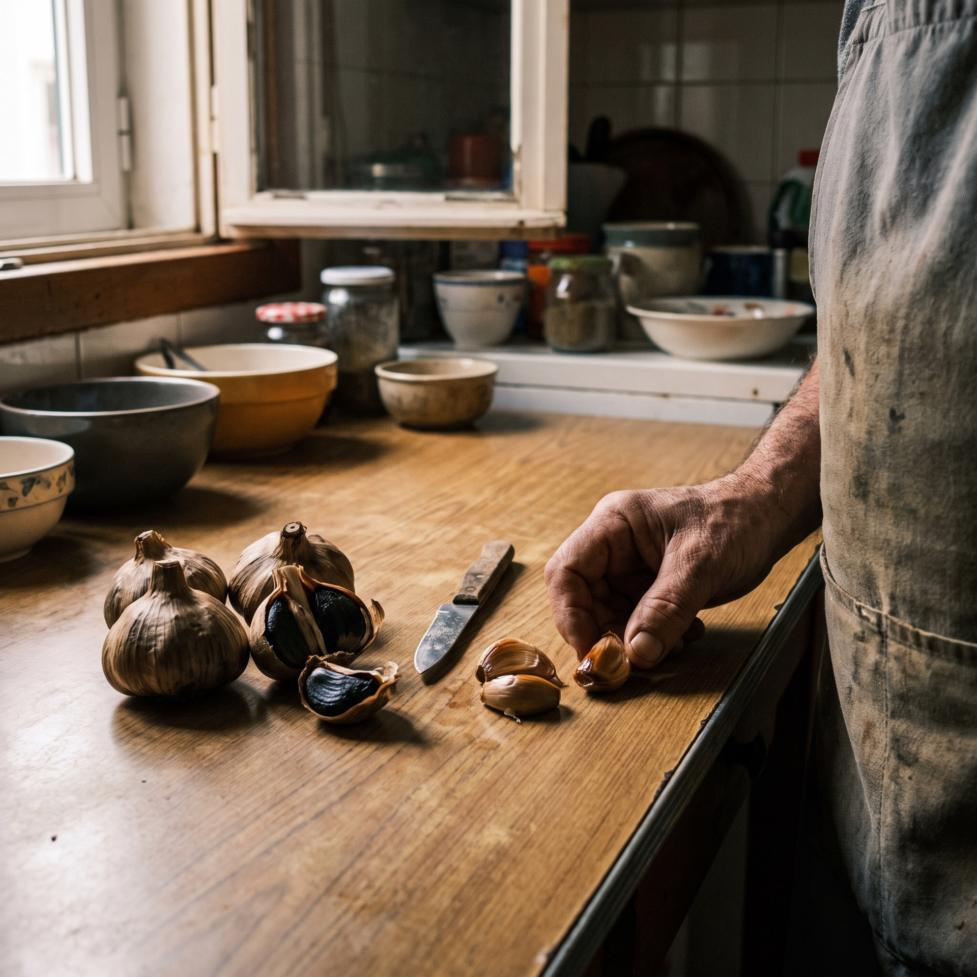 Kitchen countertop with black garlic bulbs, knife, and bowls near a window.