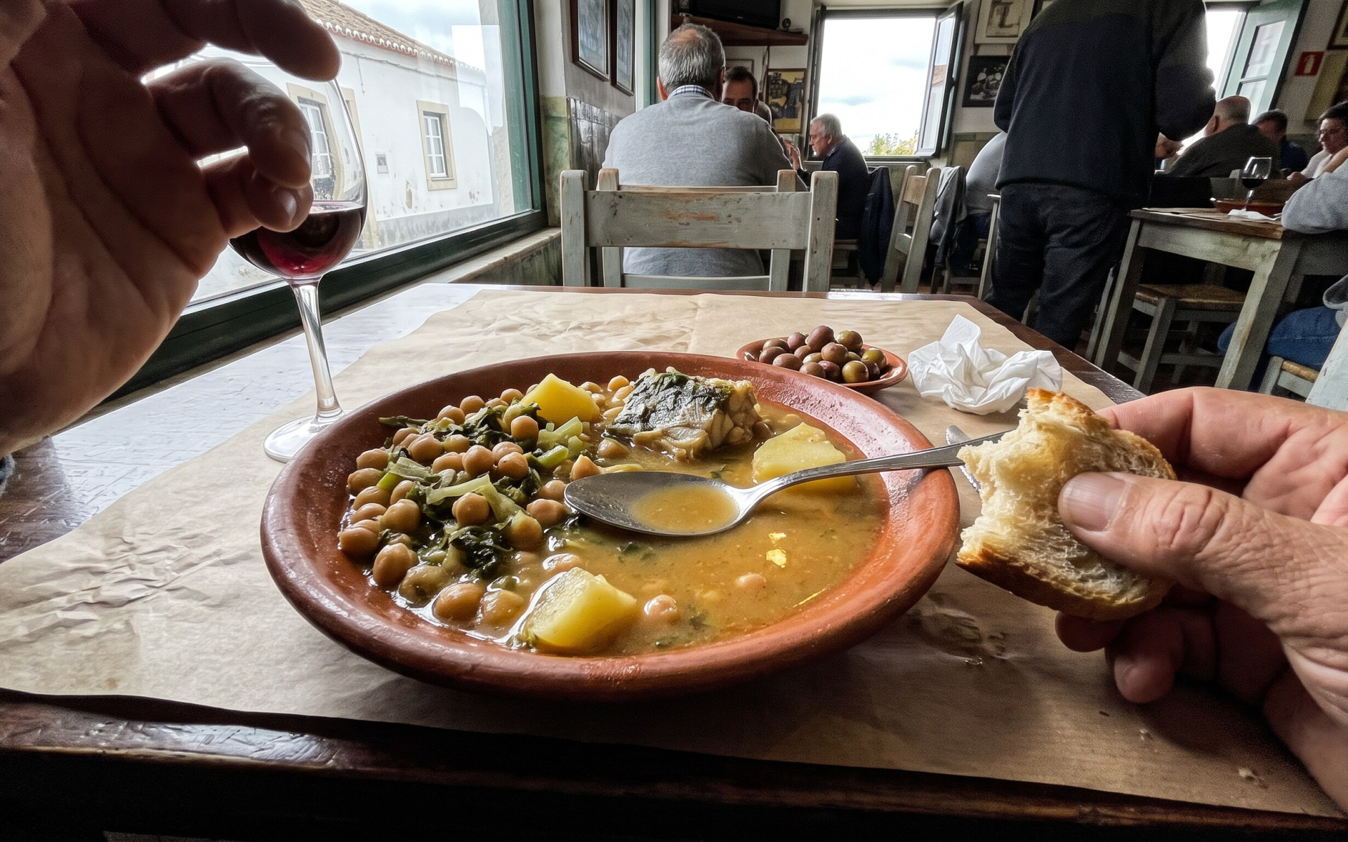 Alentejo table in natural light: a bowl of açorda with coriander, a cut loaf of bread and a jug of olive oil
