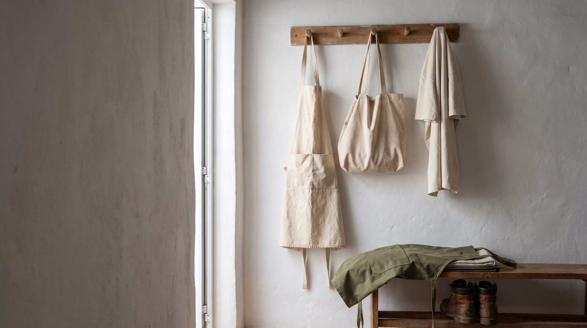 Two off-white bags and t-shirt hanging on wall rack above a bench with clothes and boots.