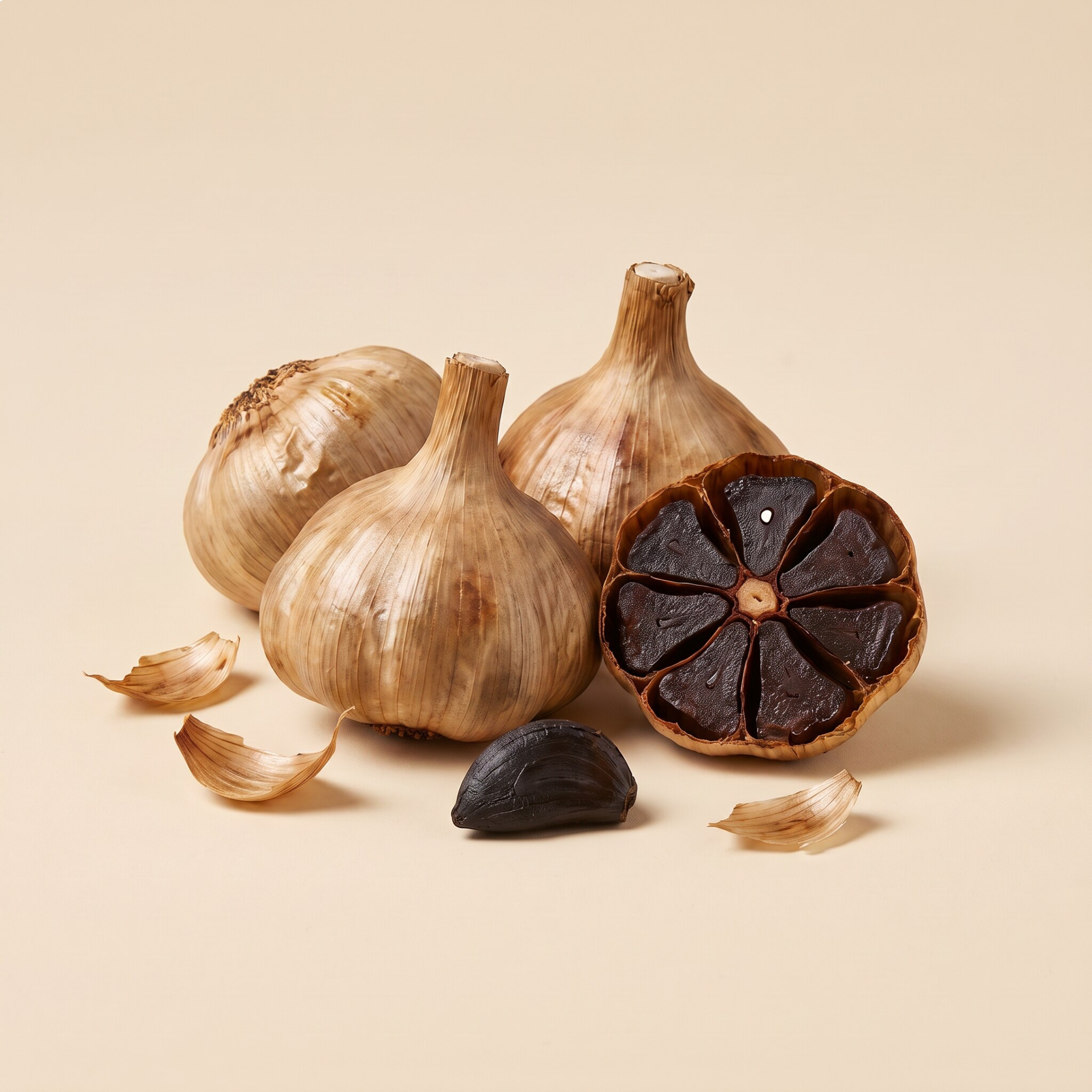 Black garlic Whole and halved bulbs of black garlic on a beige background