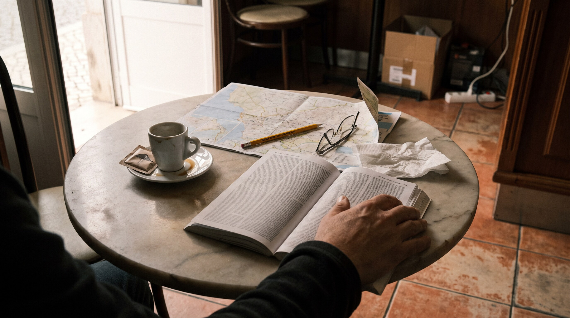 Marble table with coffee cup, open book, pencil, glasses, tissue, and map indoors