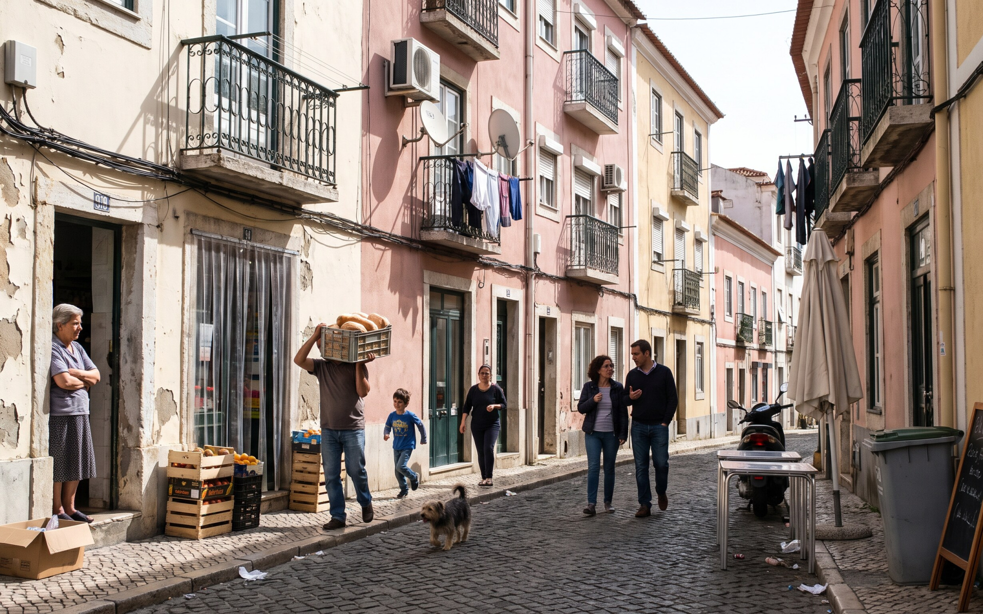 Plastic crate of bread loaves carried on a cobblestone street with colorful buildings and fruit crates