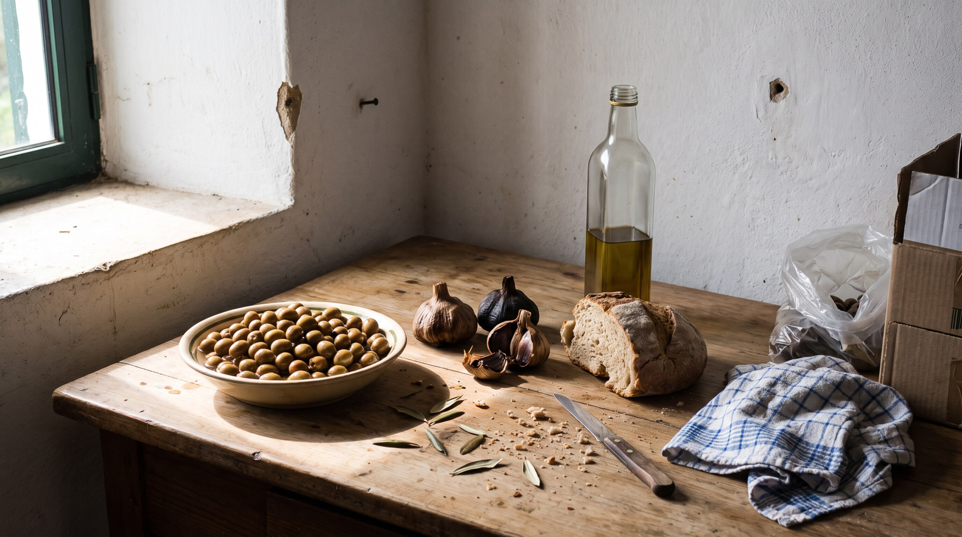 Rustic wooden table with olives, garlic, bread, bottle, knife, cloth, and a cardboard box