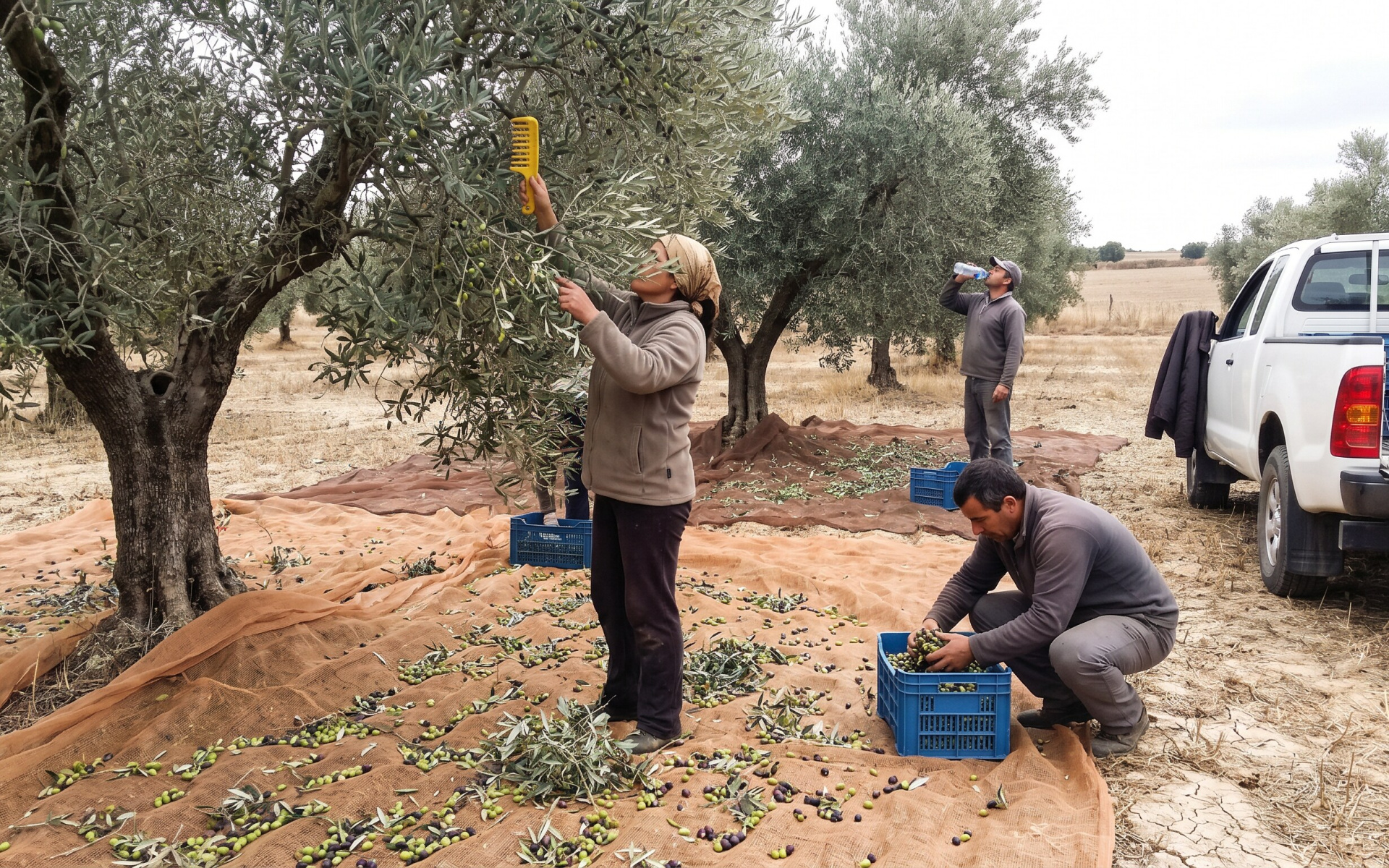 People harvesting olives in an olive grove with nets and crates, and a white pickup truck nearby.