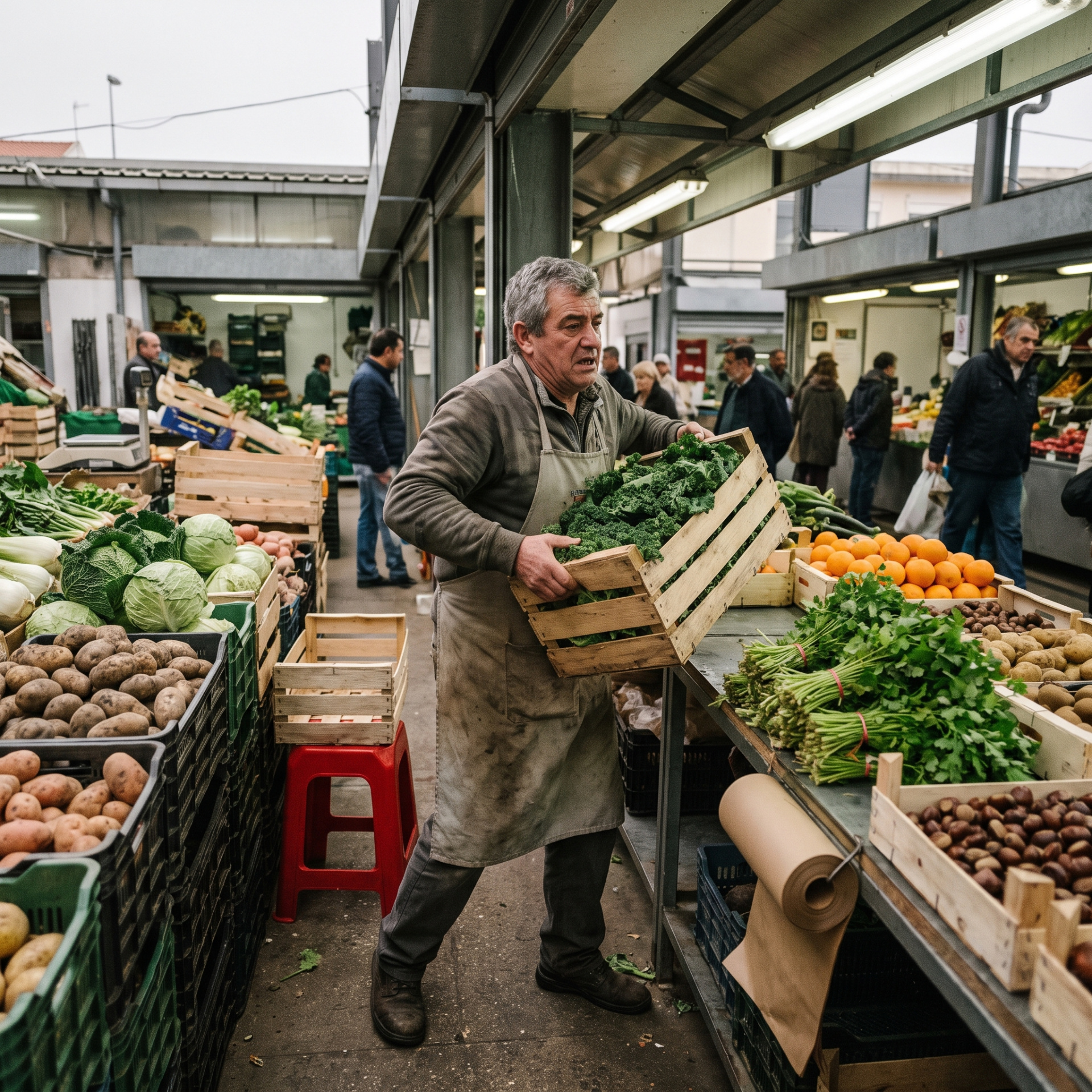 Man carrying wooden crate of kale at vegetable market stall with various fresh produce