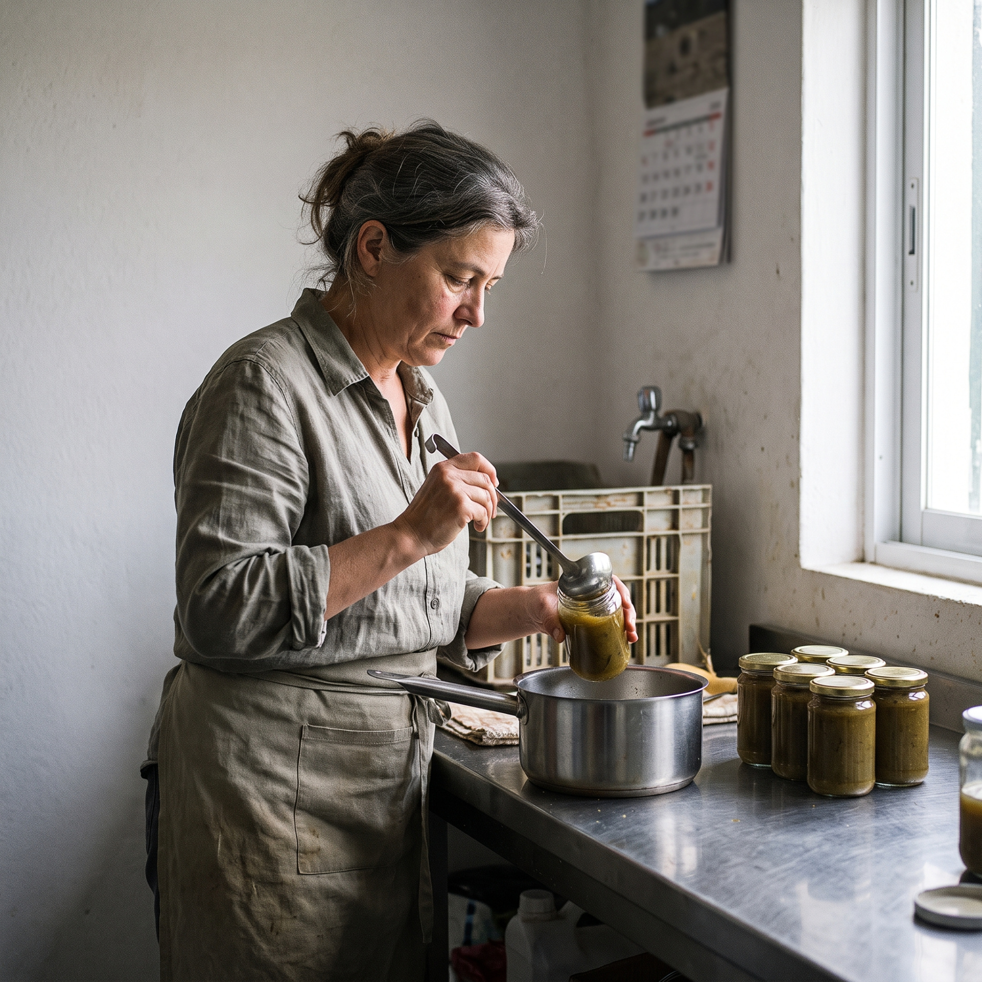 Woman in beige apron filling glass jars with preserves in kitchen