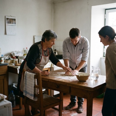 Three people working with dough on a wooden table in a kitchen with terracotta floor tiles and a calendar on the wall