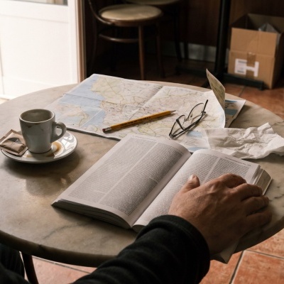 Marble table with coffee cup, open book, pencil, glasses, tissue, and map indoors