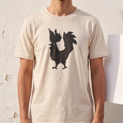 Beige t-shirt with black rooster graphic on front