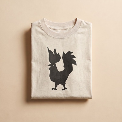 Folded beige t-shirt with black rooster graphic on cream background