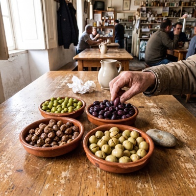 Close-up of terra cotta bowls with olives on a wooden table in a cozy cafe.