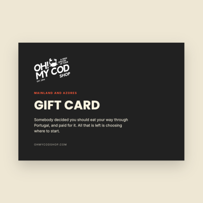Gift card with OH! MY COD SHOP logo and text about eating through Portugal