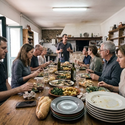 Wooden dining table with food and wine surrounded by people in a rustic kitchen.