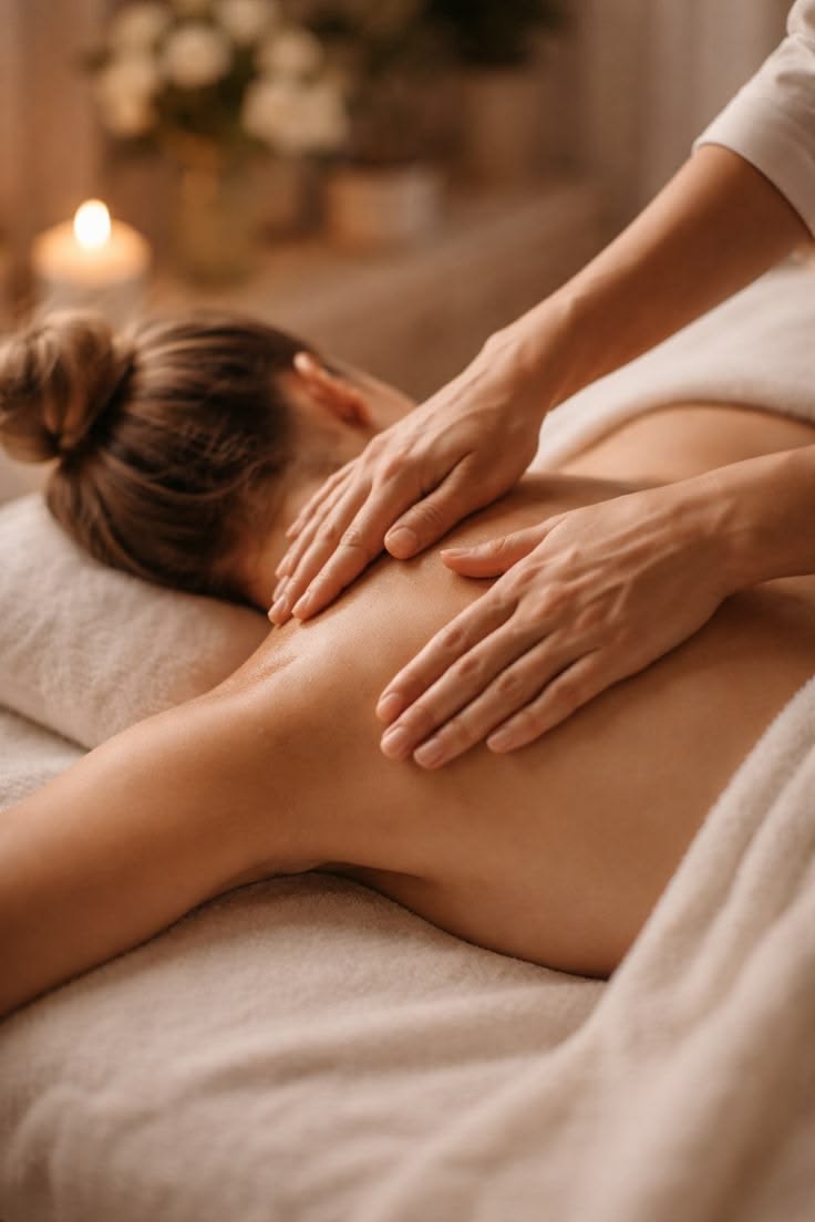 MASSAGEM - PACK 4 SESSÕES Pessoa a receber massagem nas costas num ambiente calmo com vela acesa